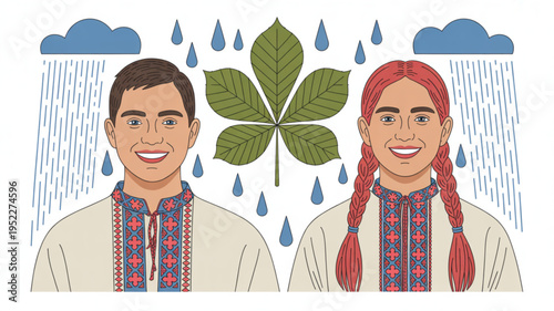Smiling young couple in traditional clothing standing under rainy weather with a four leaf clover symbolizing good luck and happiness