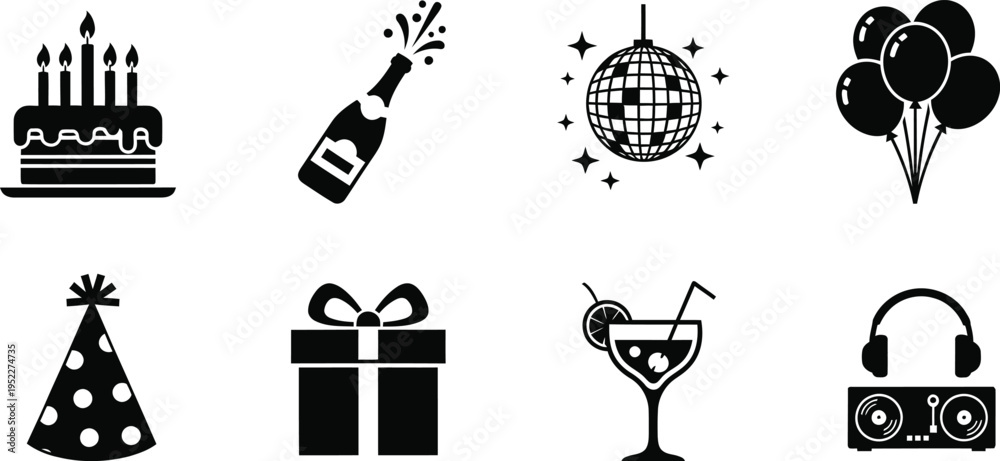 Fototapeta premium Set of 8 minimalist party and celebration icons featuring birthday cake, champagne, disco ball, balloons, party hat, gift box, cocktail, and DJ equipment for event planning and nightlife design
