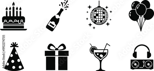 Set of 8 minimalist party and celebration icons featuring birthday cake, champagne, disco ball, balloons, party hat, gift box, cocktail, and DJ equipment for event planning and nightlife design
