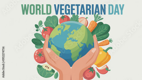 Hands holding earth globe surrounded by colorful vegetables and fruits on world vegetarian day