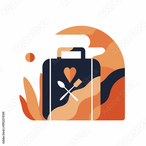 Suitcase with heart and utensils symbolizing travel, flat vector style