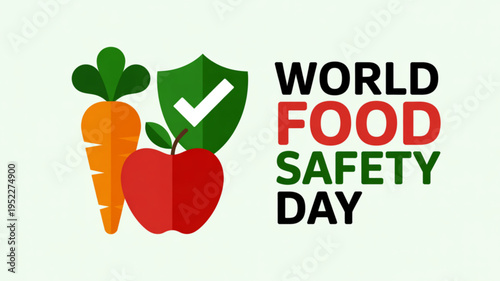 World food safety day logo with carrot apple and shield promoting healthy eating and food security awareness globally
