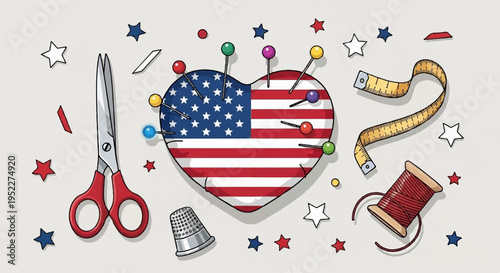 Patriotic sewing kit with heart shaped american flag scissors threads and stars on gray background