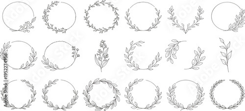 Elegant hand-drawn floral wreaths and botanical elements for decorative design, perfect for invitations and branding
