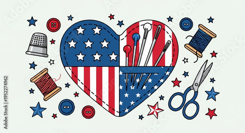 Patriotic sewing heart with american flag scissors threads and stars for craft and diy projects
