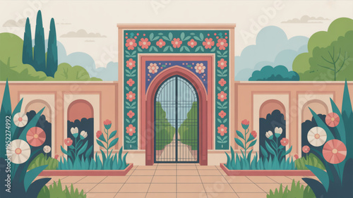 Ornate garden gate with floral patterns and arched doorways in a serene outdoor setting with lush greenery and vibrant flowers