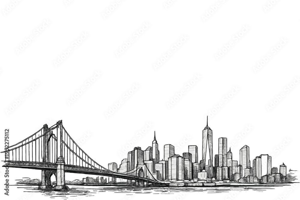 Obraz premium Minimalist Urban Skyline Line Art Set with Cityscape, Road, River and Mountain Elements Isolated on White Background