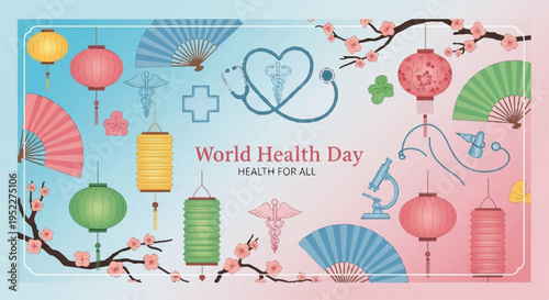 World health day theme background with colorful lanterns and medical symbols healthy lifestyle concept
