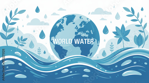 Earth surrounded by waves leaves and raindrops symbolizing world water day with a blue globe and white text on a wavy ocean background