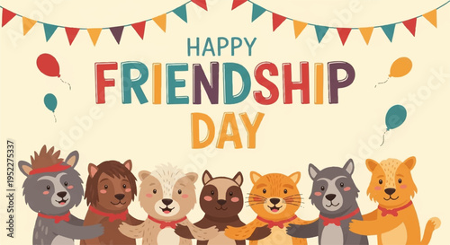 Happy friendship day celebration with diverse group of cute cartoon animals holding paws in a festive background