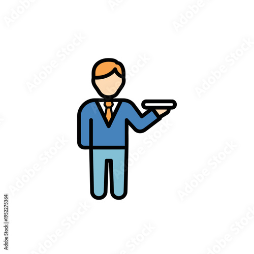 Professional Waiter Icon - Restaurant Server Holding Tray Vector Illustration