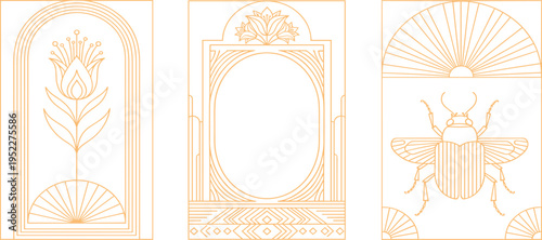 Set of elegant Art Deco and Art Nouveau inspired line art illustrations featuring a stylized tulip, an ornate arch frame, and a sacred scarab beetle, embodying timeless decorative beauty
