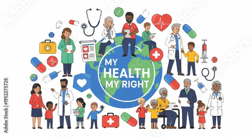 Diverse medical professionals and people surrounding 'my health my right' slogan with health symbols