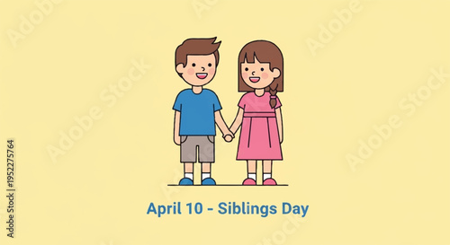 Happy siblings day cartoon children holding hands together april 10th celebration brother and sister bonding family love concept yellow background