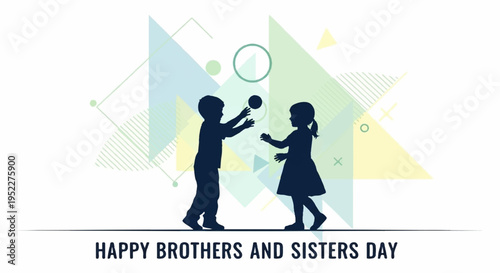 Silhouette of happy brother and sister playing with ball colorful geometric background brothers and sisters day celebration