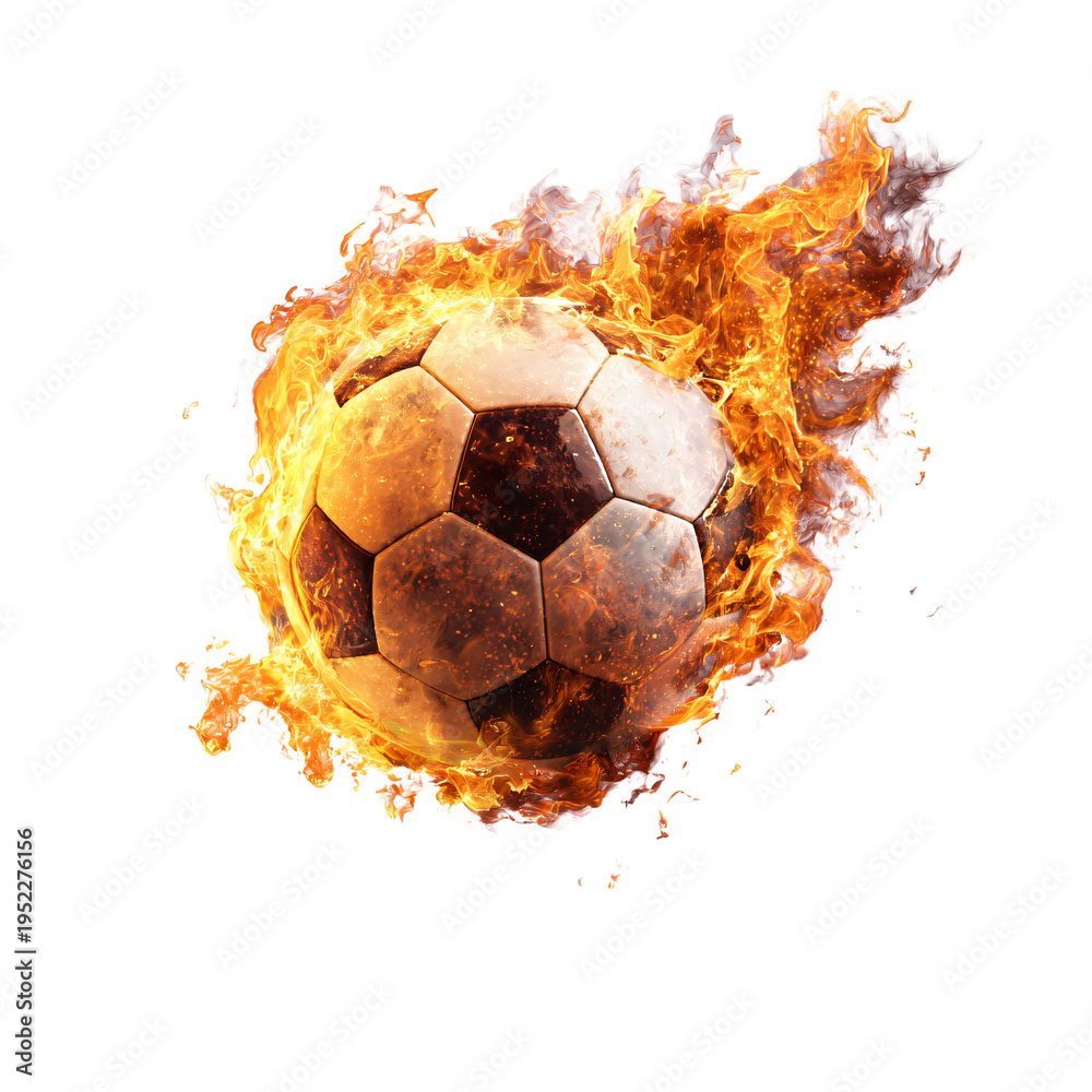 Fototapeta premium Soccer Ball Engulfed in Flames Isolated on White Background - Professional Stock Photo