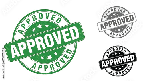 Green and black approved rubber stamps with stars on white background