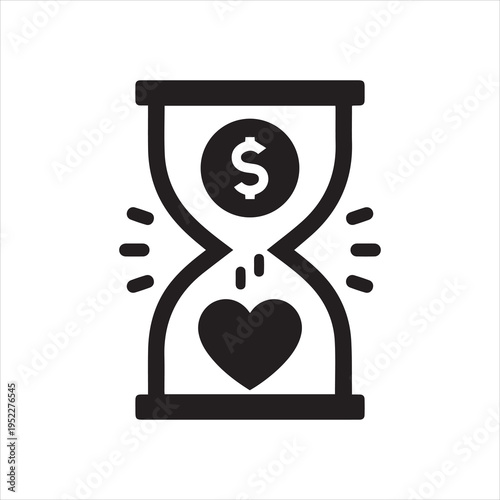 Hourglass with coin and heart icon. Time value of money and love. Monochrome black and white symbol