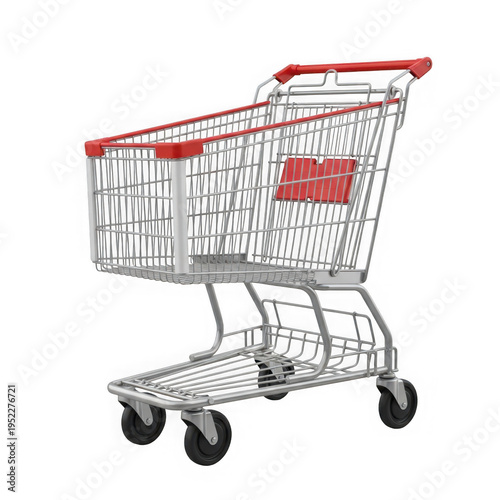A shopping cart with a red logo on the side png isolated on transparent background