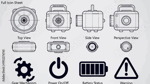 Set of vector icons featuring camera and photography elements including lens flash shutter and digital equipment in a clean retro design style