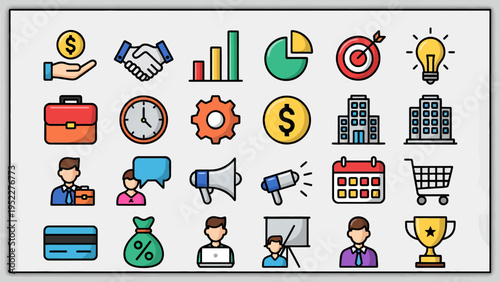 A colorful cartoon-style set of business and web icons featuring people, money, jobs, kids, sports, flags, and symbols designed for easy use in digital projects