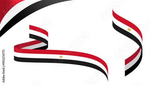 Set of three waving ribbon banners in the colors of the Egyptian flag: red, white, and black, with a golden eagle emblem, isolated on a white background, ideal for national holidays and events.