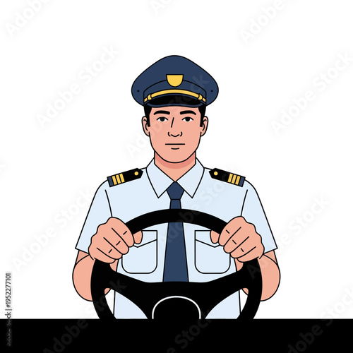 Experienced male pilot in a professional uniform confidently grasping a steering wheel, ready for command, symbolizing leadership and skilled operation in aviation and transport roles