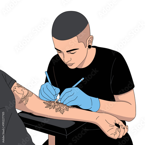 Artist tattooing a floral design on a client's arm with a tattoo gun, clean linework illustration