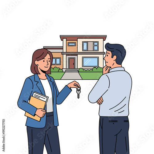 Professional real estate agent presents house keys to a new homeowner, illustrating a smooth property transaction and the start of a new chapter