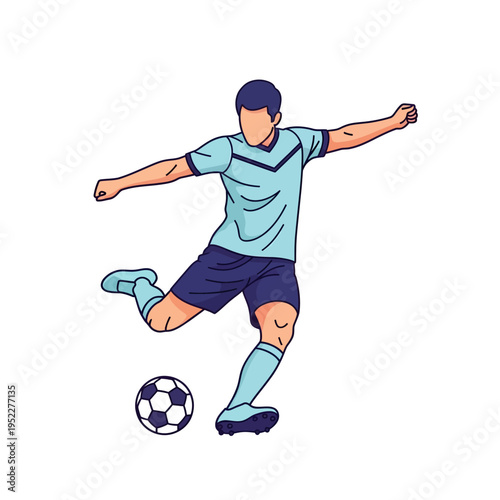 Dynamic illustration of a male soccer player powerfully kicking a football, capturing the energy, skill, and athleticism of competitive sport and professional gameplay