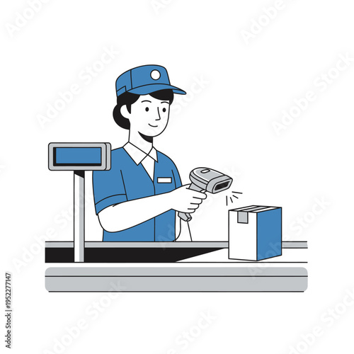 A diligent cashier quickly scans a product at the checkout counter, ensuring an efficient and accurate transaction for customers in a modern retail environment