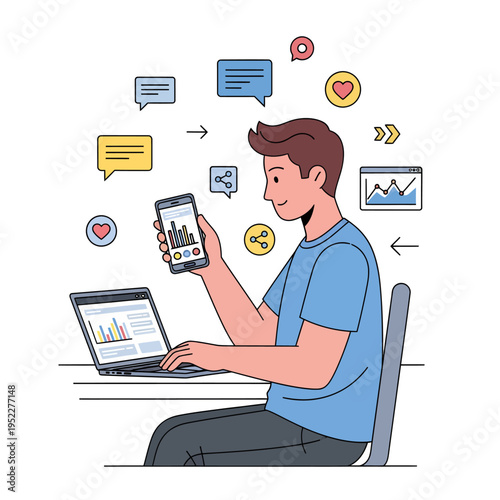 Young man working on laptop and smartphone with social media icons and charts in the background