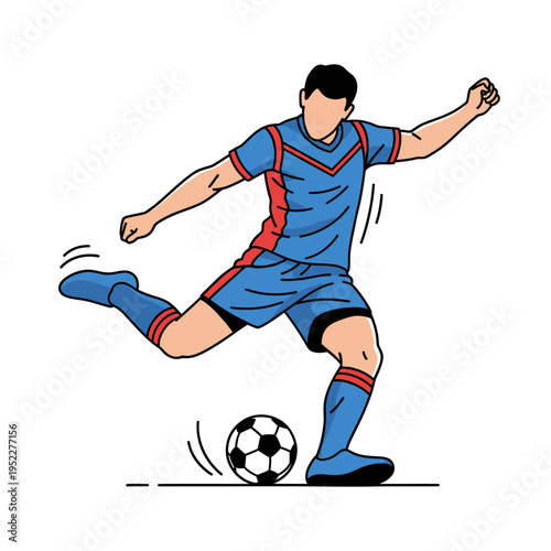 Dynamic professional soccer player kicking a football with powerful action, embodying sportsmanship, competition, and athletic prowess in a vibrant illustration