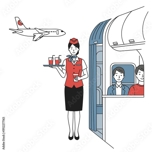 Flight attendant serving drinks to passengers inside an airplane cabin during flight
