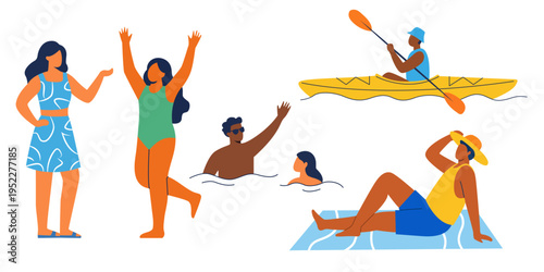 Summer Vacation Activities with Diverse People Enjoying Beach and Water Recreation