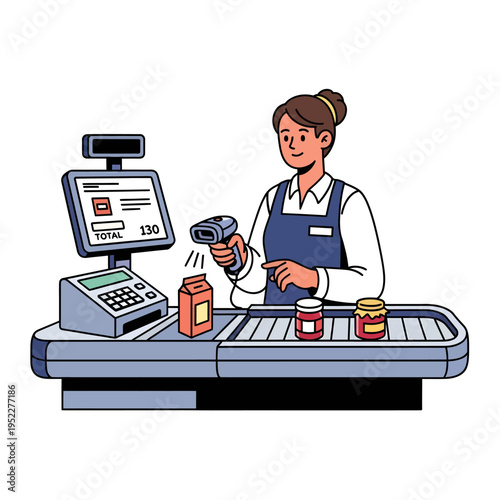 Efficient Supermarket Checkout Experience A Friendly Cashier Scans Groceries at a Modern Retail Store Counter with a Digital Register and Conveyor Belt
