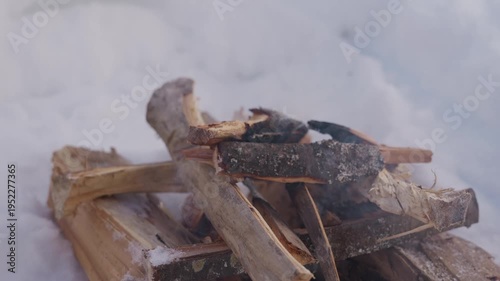 Wallpaper Mural Closer view of firewood burning in a small campfire inside a snow pit. Flames and smoke appear between stacked logs in cold winter conditions. High quality 4k footage Torontodigital.ca