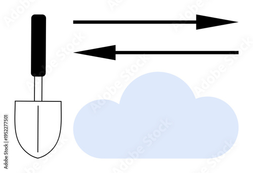 Gardening, weather forecast, direction, movement, sustainability, nature. A hand trowel beside a cloud and two directional arrows. Gardening and weather forecast concept explored through icons