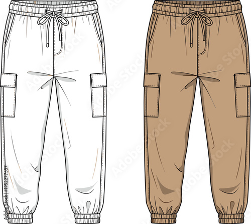 Cargo jogger pants technical fashion sketch vector set with elastic drawstring waist and side flap pockets in white and khaki