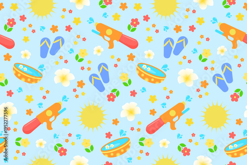 Songkran festival. Songkran pattern. Happy Songkran. Brochure, banner, background, event, Thailand, Bangkok, Thai, gun, flower, Asian culture, traditional, water, promotion, blue, wet, splash, card.  