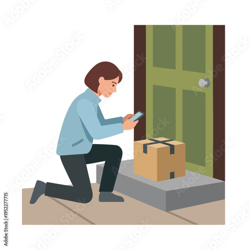 Vector of a courier taking a photo of a package placed in front of the door for confirmation to the customer