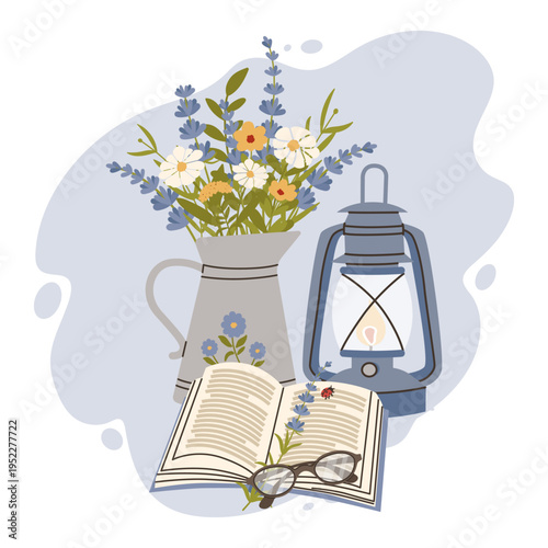 Cozy lifestyle vector illustration. Features an open book with glasses, a vintage kerosene lantern, and a wildflower bouquet in a pitcher. Perfect for library, hobby, and hygge themes.