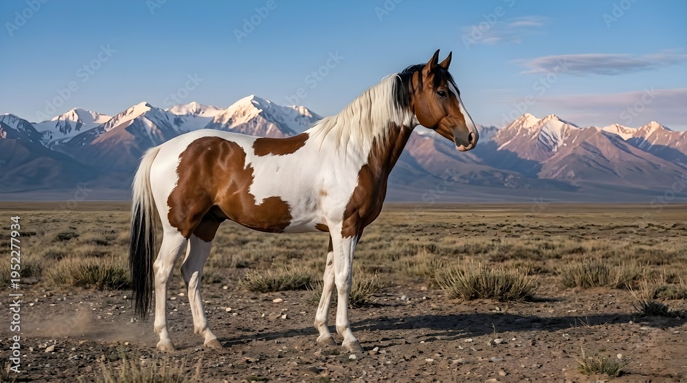 Obraz premium Paint Horse Standing in Mountain Valley at Sunset, Realistic Landscape