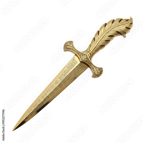 A golden dagger with a leaf shaped handle png isolated on transparent background