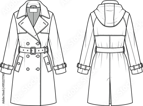 Technical fashion flat sketch of a women's double breasted trench coat with hood belted waist and adjustable cuff straps vector