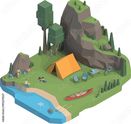 Isometric camping outdoor scene illustration, mountain lake with tent canoe people relaxing and fishing, adventure travel nature concept, 3D render