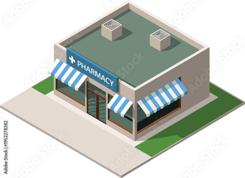 Isometric pharmacy building illustration, modern medical store exterior with blue awnings signage and rooftop vents, healthcare retail architecture 3D render