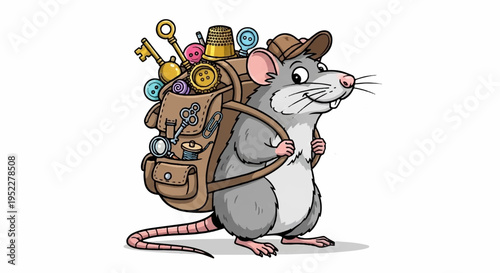 Cartoon mouse with backpack and hat hiking outdoors with tools and supplies