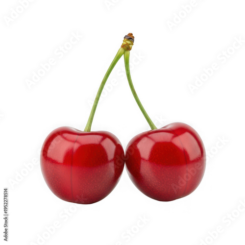 Two red cherries with green stems attached png isolated on transparent background