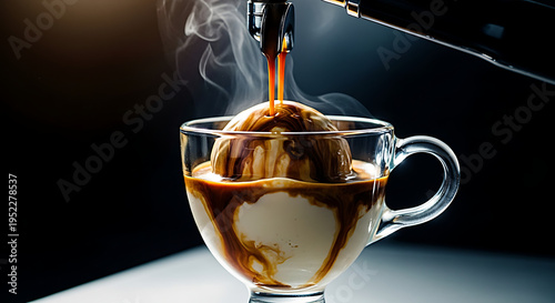 Affogato: Hot Espresso Poured Over Scoop of Vanilla Ice Cream in Glass. Coffee and Dessert Pairing